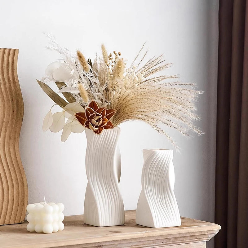 Imitation Ceramic Vase Modern White Plastic Flower Vase Creative Spiral Boho Aesthetic Irregular Flower Vases Wedding Home Decor