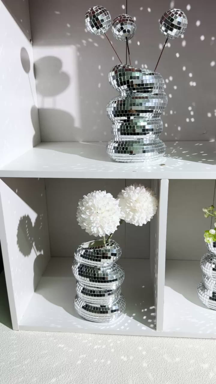 Disco Ball Spiral Vase Unique Glass Tiles Flower Bottle Disco Ball Planter Silver Mirror Vase Home Living Room Office Decor